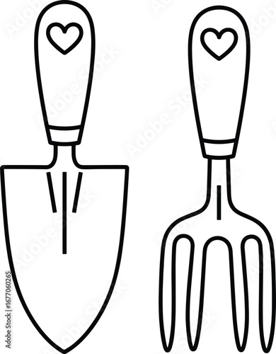 Black and white outline drawing of a garden trowel and fork with heart shapes on handles gardening tools