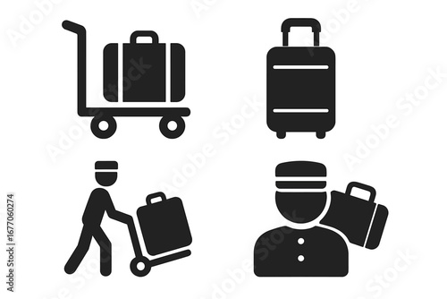 Travel icon set. Vector glyph symbols for airport and hotel service. Luggage trolley, suitcase, and porter or bellboy assistance. Solid black pictogram collection for tourism.