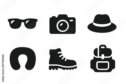 Travel and vacation solid glyph icon set. Tourism and adventure accessories collection. Camera, backpack, hiking boot, sunglasses, hat, neck pillow vector pictograms.