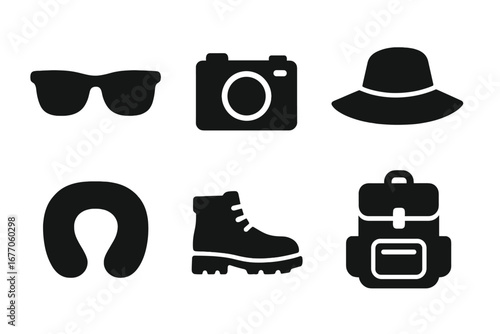 Travel icons set. Solid glyph collection of tourist accessories for vacation and adventure. Vector symbols of sunglasses, camera, hat, neck pillow, hiking boots, and backpack.