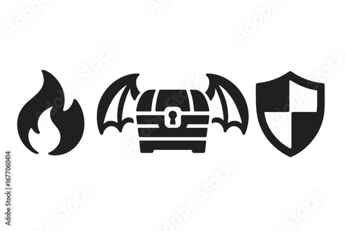 Fantasy game vector icon set. Treasure defense concept. Fire spell, winged loot chest, and shield symbol. RPG, MMO solid glyph elements for UI design. Magical loot box icon.