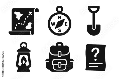 Treasure hunt icon set. Adventure quest vector icons. Solid glyphs collection. Exploration essentials like map, compass, shovel, lantern, backpack, clue, mystery, discovery symbols.
