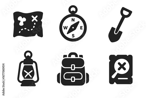 Treasure hunt icon set. Solid glyph vector collection for adventure and discovery. Includes pirate map, compass, shovel, lantern, backpack, and clue for a quest or game.