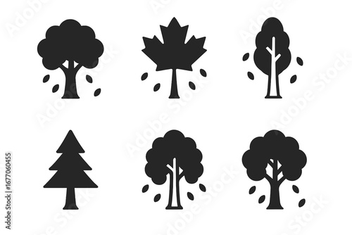 Tree icon set glyph collection. Solid black silhouette of various forest trees like pine, oak, maple. Autumn season concept with falling leaves. Vector graphic for nature, park.