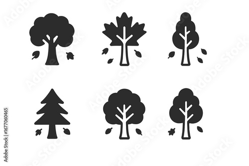 Tree icon set glyph silhouette vector collection. Solid filled icons of various tree types with falling leaves. Oak, maple, birch, pine, elm. Autumn fall seasonal nature forest symbol.