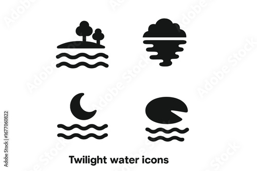 Twilight water icon set. Solid glyph collection of nature elements. Moonlit waves, calm river, island reflection, lily pad. Night landscape silhouette vector illustration.