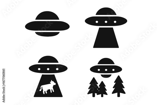 UFO sightings icon set. Solid filled pictograms of flying saucer, alien spaceship with light beam abducting a cow and hovering over a forest. Vector paranormal concept.