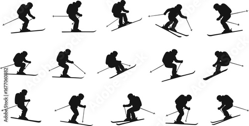 Silhouette of skier in various skiing poses, winter sports action, skiing motion, alpine skiing, ski equipment, adventure, snow activity