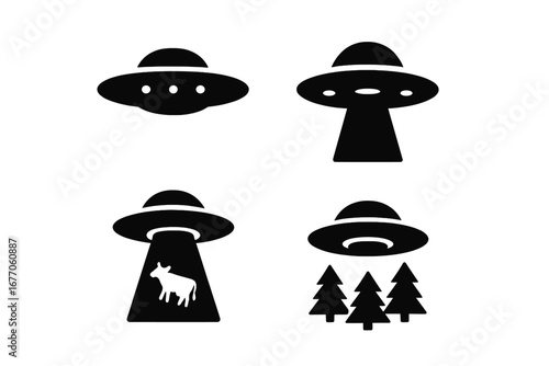 UFO sightings icon set. Flying saucer, alien abduction of a cow, tractor beam, and spaceship over forest. Solid glyph vector for paranormal, extraterrestrial sci-fi concepts.