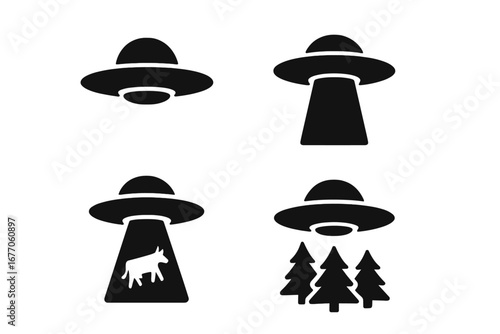 UFO sightings icon set. Solid glyphs of flying saucer, alien tractor beam, cow abduction, and forest encounter. Vector symbols for sci-fi, paranormal, and conspiracy topics.