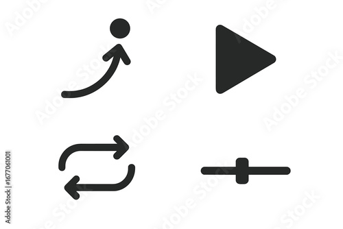 UI icon set with solid glyphs for interactive elements. Vector collection includes play button, loop or repeat symbol, speed slider, and bounce animation effect for user interface design.