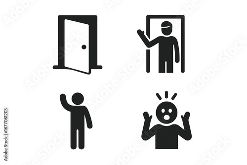 Unexpected encounter solid icon set. Surprise visit concept with open door, waving figure, and startled person. Greeting and shock pictogram collection. Vector glyphs.