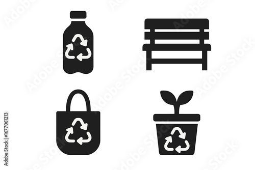 Upcycled products solid icon set. Glyph vector illustrations of recycling and sustainability. Eco-friendly items like plastic bottle, bench, tote bag, and planter. Zero waste.