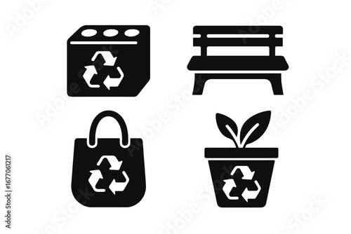 Upcycled products icon set. Solid glyph vector of recycling plastic waste for sustainability. Eco-brick, bench, tote bag, planter. Circular economy & eco-friendly concept.