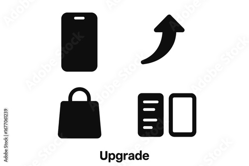 Upgrade icon set. Solid glyphs for phone upgrade decision. New smartphone, trade-in arrow, shopping bag, compare specs. Technology update. Mobile electronics purchase concept.