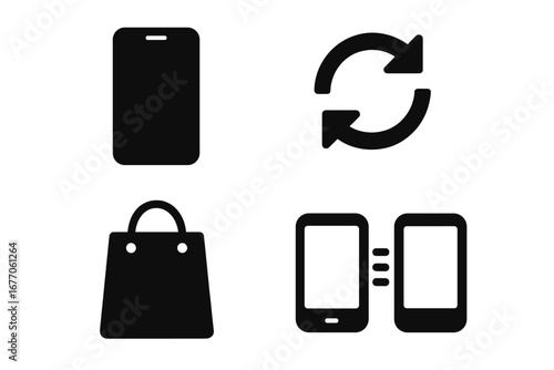 Solid glyph icon set for phone upgrade. Smartphone trade-in, new device purchase, data transfer, and comparison symbols. Mobile technology vector icons for web and apps.