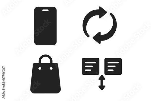 Phone upgrade icon set. Solid glyphs for trade-in, comparison, and purchase. Vector symbols for new mobile device, technology update, consumer choice, and retail shopping.