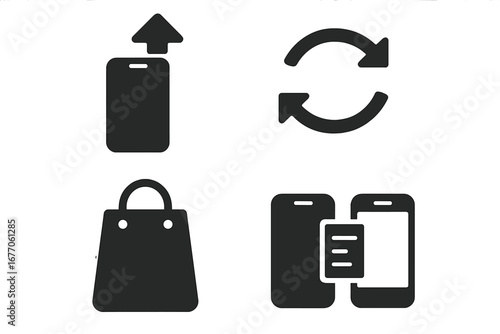 Upgrade phone icon set. Solid glyph icons for mobile device decisions. New phone, trade-in, compare specs, shopping bag, data transfer, and update vector symbols.