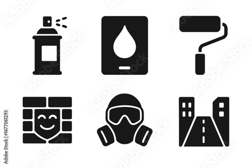 Urban art solid icon set. Graffiti and street art vector symbols. Spray can, paint roller, stencil, brick wall mural, gas mask, cityscape. Hiphop culture pictogram signs.