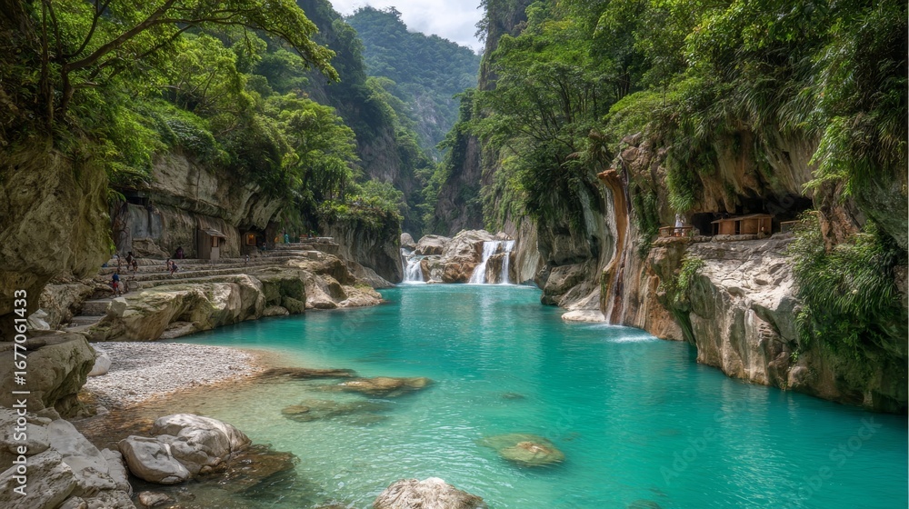 Naklejka premium A secret waterfall cascades through a narrow gap in the rocky cliffs, surrounded by dense vines and exotic growth