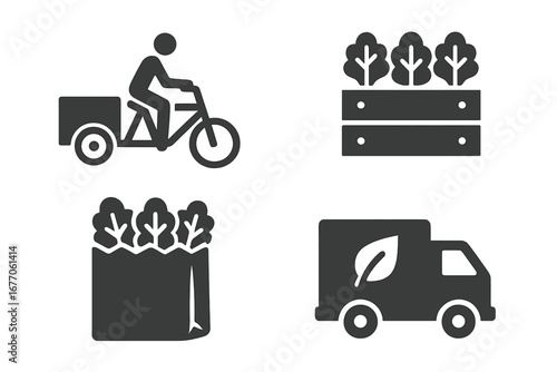 Urban farming solid icon set. Local food delivery service by cargo bike and eco truck. Fresh organic vegetable in crate and bag. Farm to table glyph vector illustration.