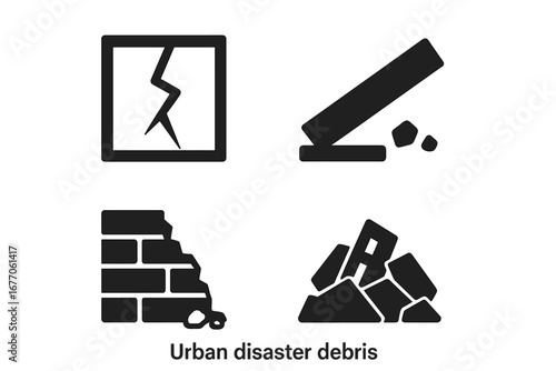Urban disaster icon set with debris, broken glass, fallen beam, collapsed wall, rubble pile. Solid filled vector illustration. Damage, destruction, earthquake aftermath concept.