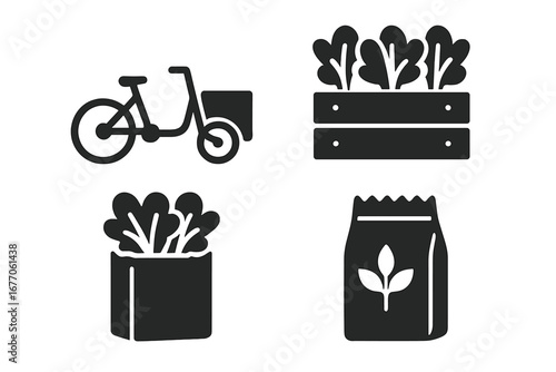 Urban farming solid icon set. Local food delivery by bike. Crate with fresh greens, paper bag with vegetables, and seeds. Sustainable agriculture and healthy eating concept vector.