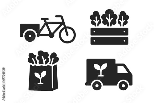 Urban farming solid icon set. Local food delivery, transport vector symbols. Cargo bike, truck, grocery bag, vegetable crate. Sustainable agriculture, organic produce illustration.