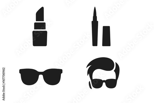 Urban fashion vector icon set. Solid filled glyphs for beauty and grooming. Lipstick, eyeliner, sunglasses, and male hairstyle icons. Cosmetics, style, makeup, salon.