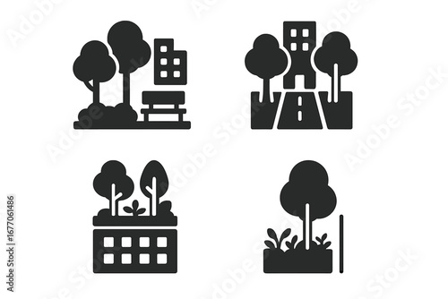 Urban forestry solid glyph icons set. Vector symbols of city park, tree-lined street, rooftop garden, sidewalk planter. Sustainable urban greening and eco city concept.