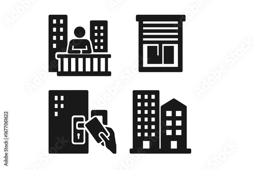 Urban living glyph icon set. City life concepts. Skyscraper apartment with balcony view. Window with blinds, hotel door keycard entry access security system pictogram.