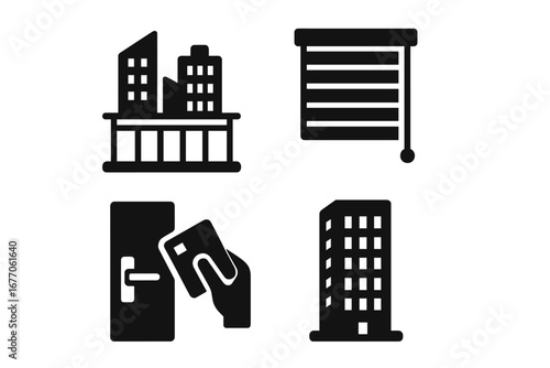 Urban living and real estate solid glyph icon set. Includes concepts like city apartment buildings, skyscrapers, office access control, electronic keycard door lock and blinds.