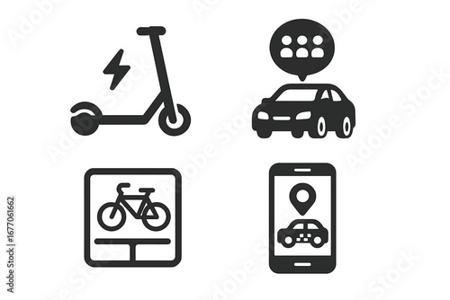 Urban mobility icon set. Smart city transport concepts. Electric scooter, ride share, carpooling, bike lane, taxi app icons. Glyph vector illustration for transportation.