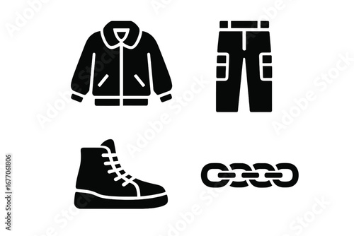 Urban streetwear fashion icon set. Solid glyphs of apparel jacket, cargo pants, sneaker boots and chain. Hip hop culture clothing and accessories. Vector silhouettes illustration.