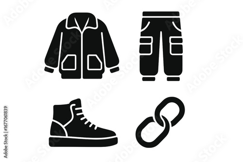 Urban streetwear fashion icon set. Solid glyphs of hip-hop apparel and accessories. Oversized jacket, cargo pants, high-top sneakers and chain link vector silhouettes.
