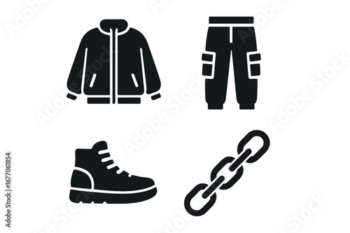 Urban streetwear fashion icon set. Solid glyph vector illustration of oversized jacket, cargo pants, high-top sneakers, and chain. Hip hop style clothing and accessories.