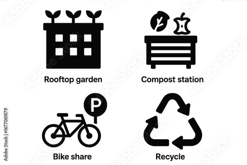 Urban sustainability vector icon set. Green city concept glyphs: rooftop garden, compost station, bike share, and recycling symbol. Eco-friendly lifestyle solid icons.