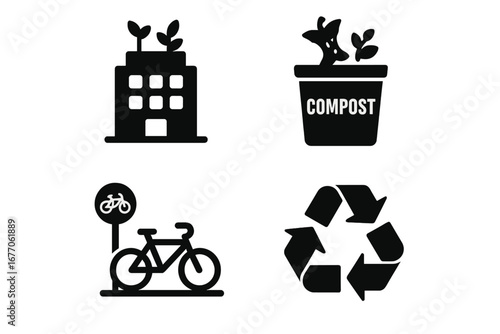 Urban sustainability icon set. Green city concept with rooftop garden, compost bin, bike sharing station, and recycling symbol. Eco friendly lifestyle and environment care vector.