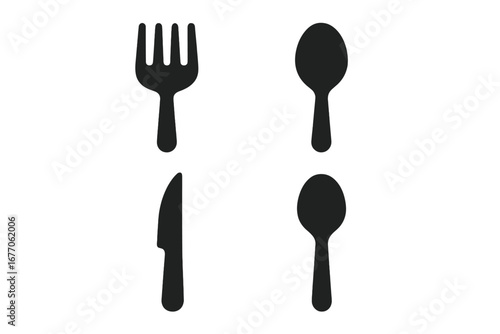 Fork, spoon, knife utensil icon set. Solid black kitchenware silhouettes. Flat vector graphic for restaurant, cafe, dinner, and food concepts. Cutlery glyph collection.