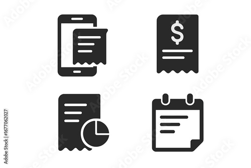 Utility bill solid glyph icon set. Mobile payment, e-invoice and financial receipt with dollar sign. Cost breakdown analysis, budget report and payment due date calendar.