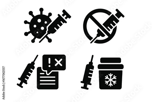 Vaccination challenges solid icon set. Vector glyphs of virus, syringe, vaccine refusal, anti-vax sign, misinformation, fake news, and cold chain storage logistics.