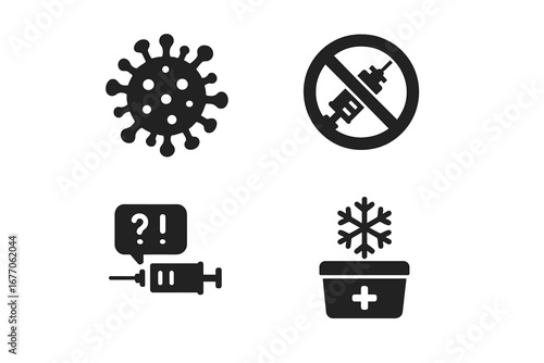 Vaccination challenges solid glyph icon set. Includes concepts like vaccine refusal, anti-vax, coronavirus, misinformation, public health debate, and cold chain logistics.