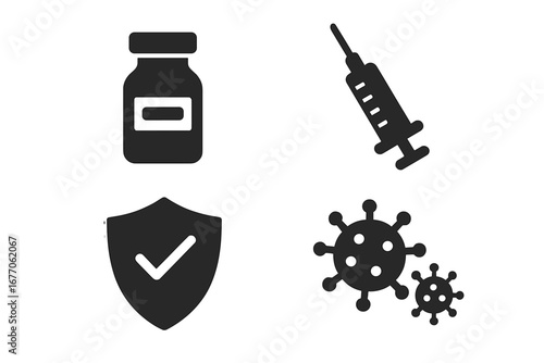 Vaccination icon set. Solid glyph symbols for health and medical concepts. Vector illustration of vaccine vial, syringe injection, immunity protection shield and virus.