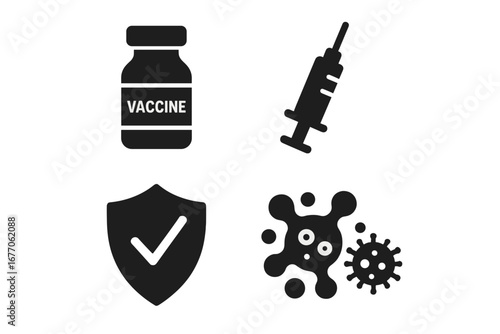 Vaccination and immunity solid icon set. Vaccine vial, syringe, immune protection shield and virus. Concept of immunization, health care, and disease prevention. Vector.