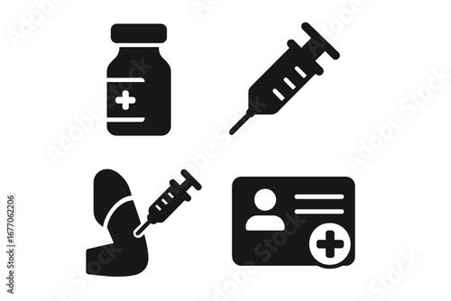 Vaccination and immunization solid icon set. Includes vaccine vial, syringe, injection in arm, and health pass. Medical vector glyphs for healthcare and public health.