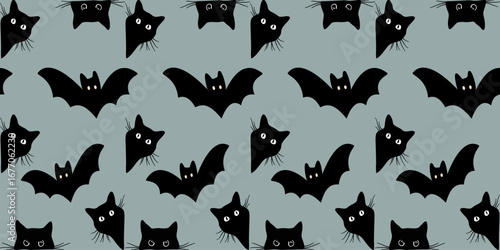Seamless pattern with black cat in cute Halloween style illustration. Halloween fabric pattern, decorative background, tablecloth, banner.
