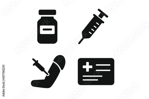 Vaccination and immunization solid icon set. Vector glyph symbols for medical campaign, including vaccine vial, syringe for injection, vaccinated arm, and health passport card.
