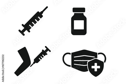 Vaccination solid icon set. Syringe, vaccine vial, injection shot in arm, face mask with health shield. Medical vector glyphs for immunization, healthcare, and pandemic.