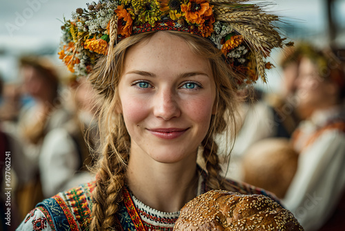 Close-up portrait during Dożynki festival, a young woman wearing a harvest crown made of wheat, poppies, and cornflowers. 
