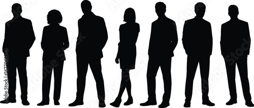 Silhouettes of business professionals, standing in line, teamwork, leadership, group collaboration, office culture, corporate diversity, company success, professional unity